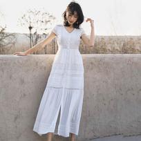 White Lace Mid-Length V-Neck Travel Dress - Korean Style 2025 Small