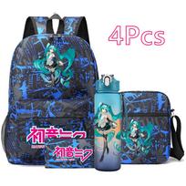 4 vnt./rinkinys Anime Hatsune Miku spausdintas kuprinė didelės talpos mokyklinė kuprinė peties krepšys pieštukinė su 750 ml vandens buteliuku atsparus vandeniui mokyklinis krepšys black