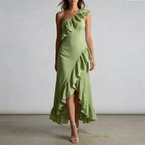 Women’s Summer Ruffled One Shoulder Ruched Midi Dress Asymmetrical Hem Elegant Lightweight Sleeveless Dress for Daily Wear M
