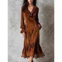 Women's V Neck Long Sleeve Velvet Midi Dress Slim Fit High Waist Elegant Ruffle Hem Cocktail Dress S