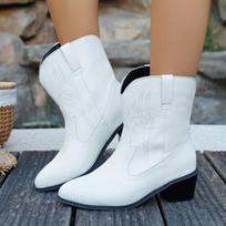 2025 Fashion Solid Color Women's Mid Top Boots Mid Heel Boots Embroidered Western Cowboy Boots Classic Women Low Heels Shoes 36