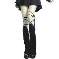 Womens Harajuku Punk Metal Eyelets Foot Covers Sleeves Japanese Gothic Lace Up Straps Flared Leg Warmers Long Tube Socks