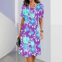 women elegant short sleeve 3d print midi beach dress dailywear summer t shirt dresses S
