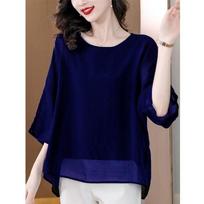 New Style Chiffon Shirt Solid Color Women's Mid-sleeve T-shirt Round Neck Loose French Top L