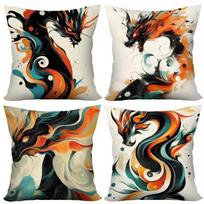 Watercolor Dragon Pattern Theme Printing Pillow Cover Short Plush Suitable Living Rooms Bedrooms Sofas Throw Cushion Cover Peach skin 18*18(CM)-1Pcs