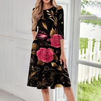 Women's Casual Mid-Length Dress Round Neck Three Quarter Sleeve Printed Pattern Soft Fabric Comfortable Fit A-Line Silhouette M