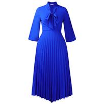 Women's Lavender Pleated Midi Dress with Bow Detail and Three-Quarter Sleeves S