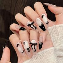 10pcs Handmade Press on Nails French Cat Eye Pink Bow Decor Korean False Nails Wearable Full Cover Ins Almond False Nail Tips