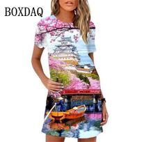 Elegant Women Short Sleeve Fashion 3d Print Midi Dress Plus Size Beach Clothing S