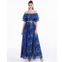 Summer Bohemain Gorgeous Flower Beach Dress Women's Off Shoulder Beading Ruffles Sleeve Floral Print Holdiay Chiffon Dress M mėlyna