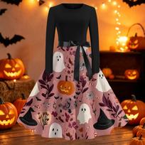 Womens Casual Fit and Flare Dress Long Sleeve Round Neck Halloween Print Dress with Flared Skirt and Waist Tie Belt S