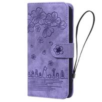Applicable to Google Pixel 9A mobile phone leather case Pixel 9 PRO XL cartoon cherry blossom cat embossed card holder google pixel 9 violetinė