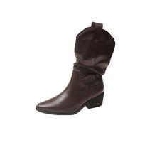 2025 New Style High Heels Mid Calf Pleated Boots for Women Autumn Winter Leather Western Boots Woman Thick Heeled Boots 35