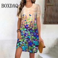 Elegant Women Short Sleeve Fashion 3d Print Midi Dress Plus Size Beach Clothing S