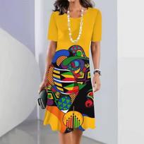 Elegant Women Short Sleeve Fashion 3d Print Midi Dress Plus Size Beach Clothing S