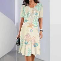 Elegant Women Short Sleeve Fashion 3d Print Midi Dress Plus Size Beach Clothing S