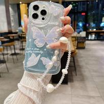 Fashion Flash Powder Butterfly riešo dirželis telefono dėklas, skirtas iPhone 14 13 12 11 Pro Max X XS XR XS Max 8 7 Plus TPU smūgiams atsparus dangtelis iPhone 7 mėlyna