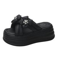 Fashion Summer Women Flower Slippers Flip-Flops Ladies Beach Shoes Wedge Heels Shoes Woman High Platform Slippers Outside Sandals 7CM 34 juoda