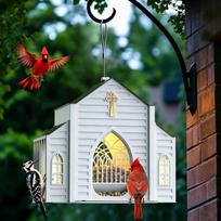 Church Shaped Metal Bird Feeder with Solar Light, Hanging Outdoor Bird Feeder, 5 LB Large Capacity Weatherproof Bird Feeder with Suet & Fruit Feeding balta