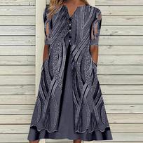 Women's Casual V Neck Mid Length Dress with Pocket and Printed Pattern Short Sleeve Comfortable Fit Suitable for Work and Daily Wear S