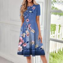 Elegant Women's Floral Print A-Line Midi Dress, Short Sleeve, Casual Summer Wear, Comfortable and Stylish for All Occasions M