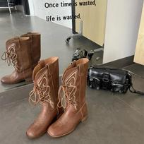 Retro Embroidered Leather Mid-Calf Western Cowboy Boots Women 2025 New Thick Heel British Style Knight Boots Microfiber Material 35
