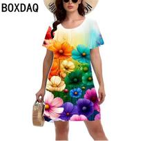 Elegant Women Short Sleeve Fashion 3d Print Midi Dress Plus Size Beach Clothing S