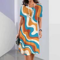 Elegant Women Short Sleeve Fashion 3d Print Midi Dress Plus Size Beach Clothing S