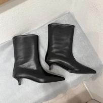 Fashion Black Pointed Toe Cat Heel Mid Calf Boots for Women Soft Leather PU Design Low Heel Wide Mouth French Style Ankle Boots 35