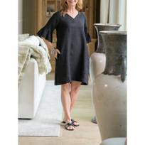 Women's Yellow Cotton Linen Midi Dress V Neck 3/4 Bell Sleeve Loose Casual Comfortable Spring Summer Daily Wear Shift Dress for Ladies S