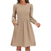 Women's Crew Neck Long Sleeve Midi Dress Loose Fit Mid Waist Street Style Swing Dress S