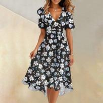 Women's Floral Print V-Neck Midi Dress with Short Sleeves and Belted Waist, Elegant Summer Casual Swing Dress XXL