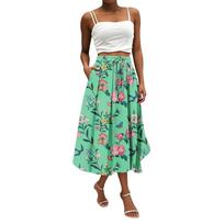 Women's Bohemian Floral Print Midi Skirt High Waist A-Line Summer Beach Casual Skirt with Adjustable Drawstring M