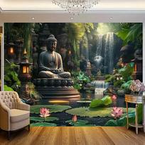 Didelis plokščias 2D Zen meditacijos Budos sodo sieninis gobelenas, tailandietiško stiliaus tvenkinio dugnui ir kriokliui su Budos statulėlėmis, fo 70x100cm gray