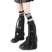 Women Punk Boot Cover Stockings Metal Buckled Pocketed Denims Flared Leg Warmer 1 juoda