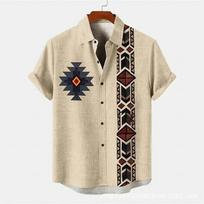 Vyriški aztec geometrinio rašto trumpomis rankovėmis marškiniai su linine tekstūra, atverčiama apykakle, laisvalaikio paplūdimio viršus su sagomis S beige