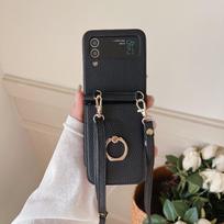 Applicable to Samsung ZFlip4 folding messenger lychee pattern zflip3 ring mirror card bag long lanyard protective cover zflip3 juoda