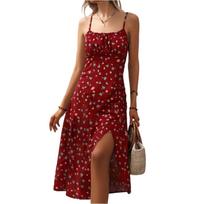 Women's Summer Floral Midi Dress with Adjustable Spaghetti Straps, Side Slit, Lightweight Casual Sundress for Vacation M