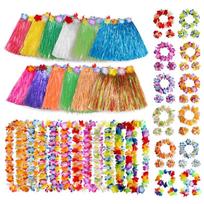 Hawaiian Hulas Grass Skirt with Flower Costume Outfits Set Necklace Headband Bracelet for Luaus Tropical Beach Party Decor 1