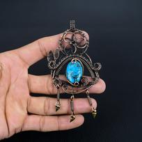Blue Turquoise Handmade Gemstone Pendant, 999 Copper Wire Wrapped Antique Jewelry Pendant, For Engagement Gift 3.55