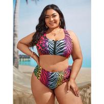 New New Leopard Print Swimwear Women's Split Leopard Print Large Size Fat MM Bikini Swimwear 0XL