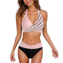 Women's Split Printed Beach Bikini Sexy With Bra Pad No Steel Bra Swimsuit S rožinė