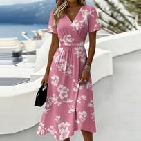 Womens Short Sleeve V Neck Floral Print Midi Dress Casual Elastic Waist Summer A Line Dress for Holiday and Daily Wear XL