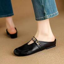 Slippers Women's 2025 New Round Head Half-drag Sandals Womens Retro Metal One-word Strap Low-heeled Bag Head Shoes Women 35