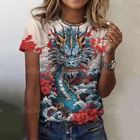 Summer Round Neck 3D Dragon Printed Top Fashionable Casual Short Sleeved Women's T-shirts S