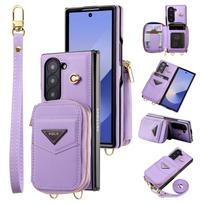 Applicable to Samsung Z Fold6 mobile phone case 6th generation folding mobile phone zipper change bag diagonal span portable rope protective case Z Fold6 violetinė