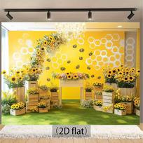 2D Printed Backdrop with Sunflowers, Bees, Honeycomb Patterns and Wooden Crates 47.2x31.5inch/120*80cm yellow