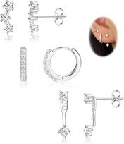 3 poros 925 sterlinginio sidabro, be alergijos, moteriškų auskarų rinkinys, keliems ausies prakiurymams, subtilūs, 14K auksu dengti, vėrinukai, huggie, lankeliai Clear