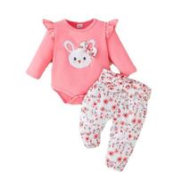 3PCS Baby Girl Clothes Outfits Long Sleeve Lovely Rabbit Bodysuit+Flower Pants+Headband Autumn Casual Wear for Infant 0-18 Months 6-9M rožinė