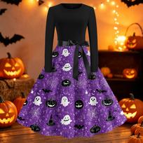 Women's Long Sleeve Casual Fit and Flare Dress with Halloween Print Round Neck Vintage Style Midi Dress for Autumn and Winter S violetinė